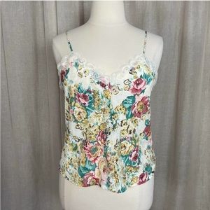 Vintage Cami Tank Top Womens Size Large Cream Colorful Floral Print Lace Trim